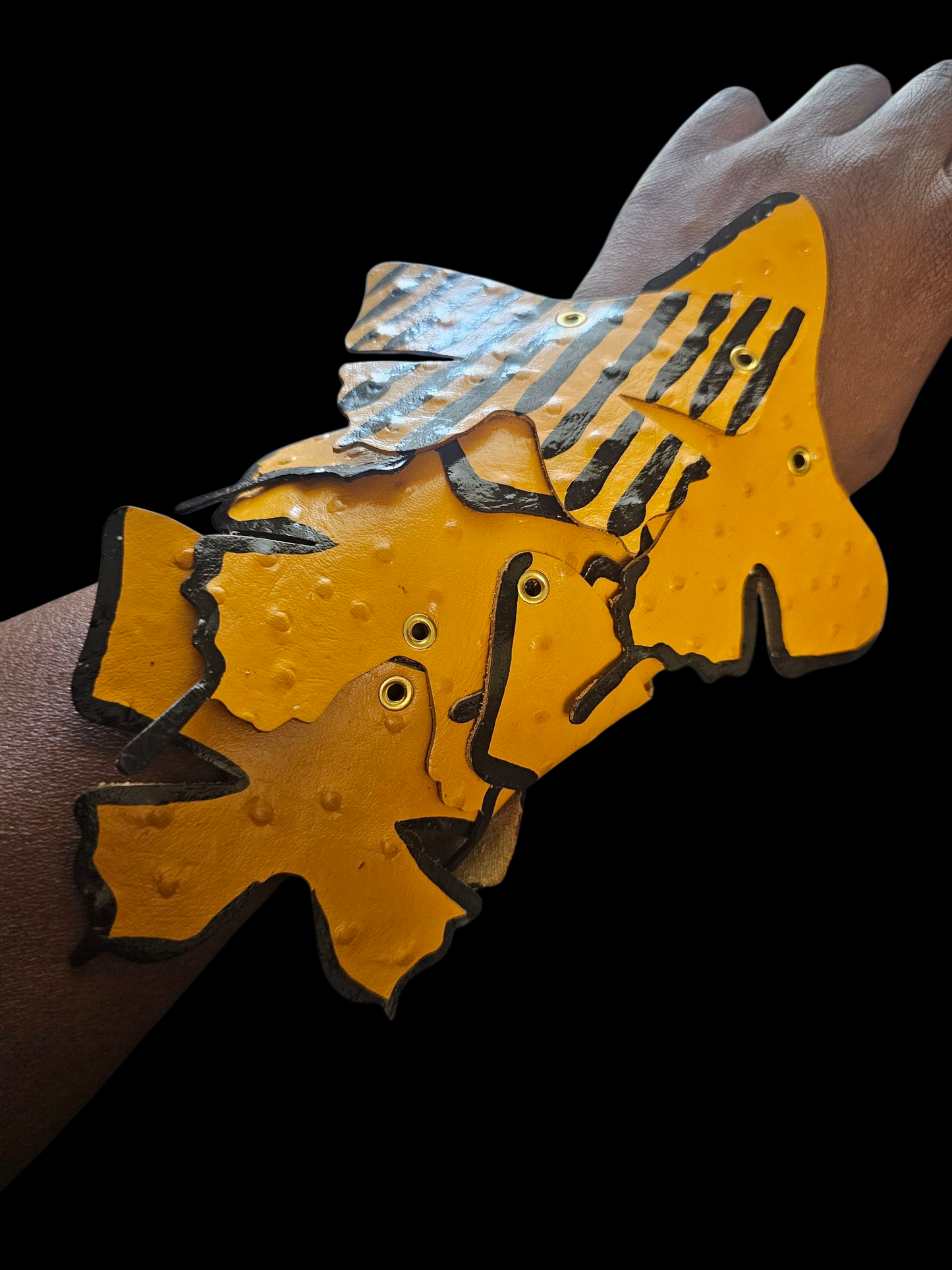 Leather Wrist Cuff #6 (Butterflies in Black and Gold)
