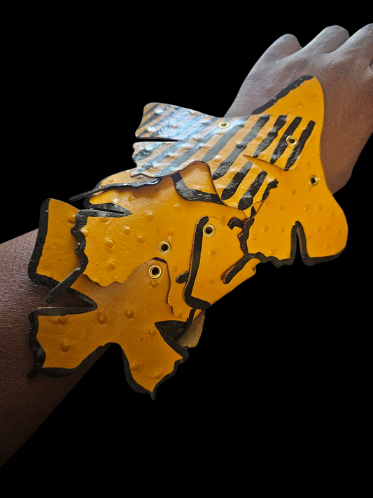 Leather Wrist Cuff #6 (Butterflies in Black and Gold)